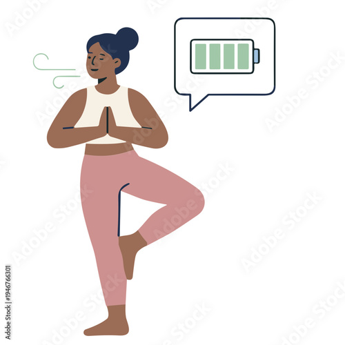 Woman practices yoga outdoors with meditation and battery symbol
