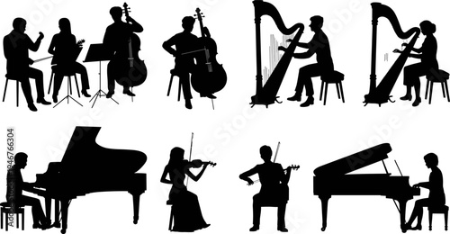 classical music musicians silhouette orchestra instruments piano violin cello harp performers isolated black figures collection flat vector illustration set