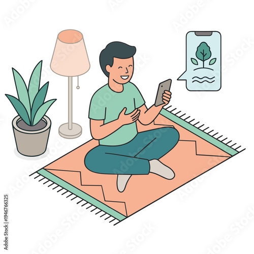 Man sitting on a rug indoors looking at his phone with a plant nearby