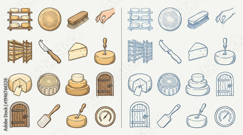 A collection of hand-drawn illustrations depicting various cheese-making tools and products, presented in two color palettes.