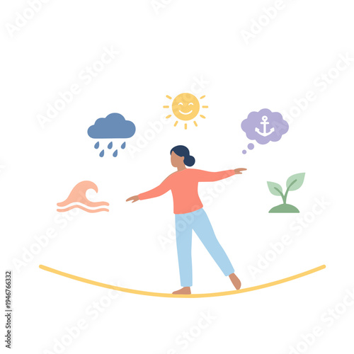 Person balancing on a tightrope with various emotions and elements around her