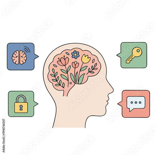 A person's head with a brain full of flowers and icons representing thoughts