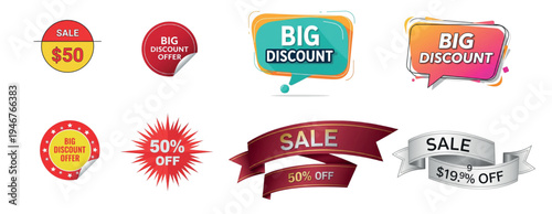Comprehensive set of colorful sale labels discount tags and promotional ribbons including big offer badges and percentage off stickers for retail marketing