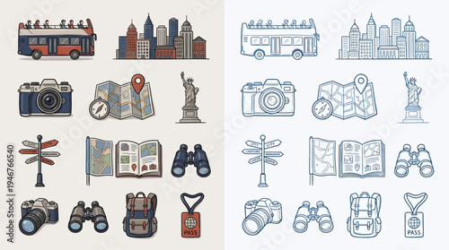 Collection of travel-themed illustrations featuring iconic New York City landmarks and travel essentials, presented in both color and monochrome.