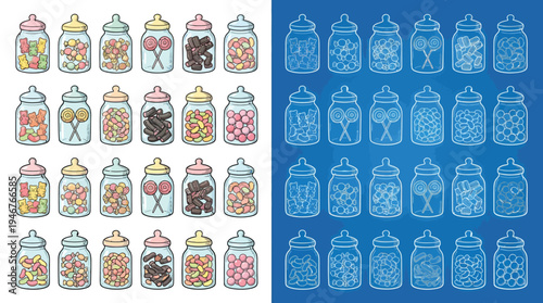 A collection of jars filled with various colorful candies and sweets, presented in a grid format with a contrasting outline version.