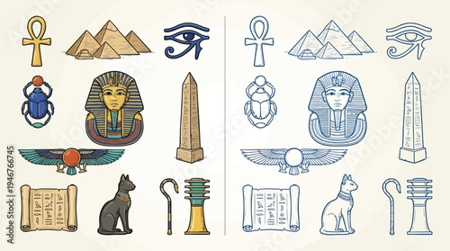 Collection of Ancient Egyptian Symbols and Hieroglyphs, including pyramids, pharaoh's mask, ankh, scarab beetle, eye of Horus, obelisk, and papyrus scrolls.