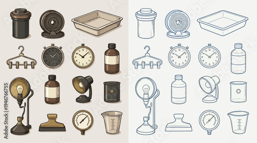 Collection of vintage photographic developing equipment and tools, presented in two color schemes.