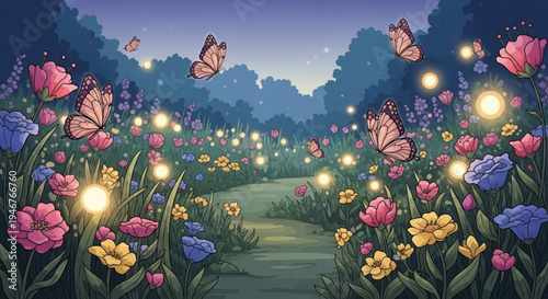 Vibrant garden pathway with colorful flowers butterflies and fireflies at dusk serene natural scenery