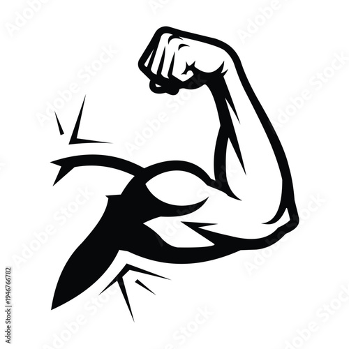 A black and white illustration of a flexed arm showing a bicep with a dynamic motion effect