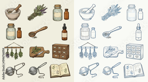 A collection of vintage illustrations depicting various tools and ingredients for herbalism and natural remedies, including mortars, pestles, dried herbs, bottles, spoons, and an open book.