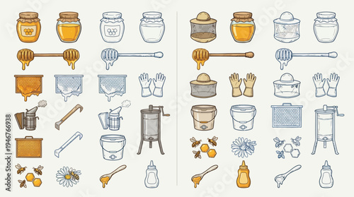 A comprehensive collection of beekeeping equipment and honey-related items, presented in a detailed illustration.
