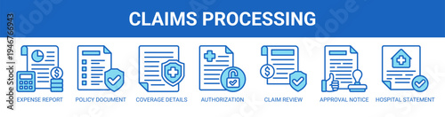 Claims Processing web banner icon vector illustration concept with icons of expense report, policy document, coverage details, authorization letter, claim review, approval notice, hospital statement.