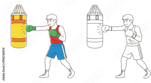 Boxer Training with Punching Bag Vector Illustration. Colorful Flat Design and Black Line Art Coloring Page Style of a Male Fighter Practicing.