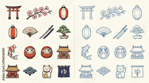 A collection of Japanese cultural icons, including Torii gates, cherry blossoms, lanterns, fans, samurai swords, bonsai trees, koi fish, Daruma dolls, temples, and Maneki-neko cats.