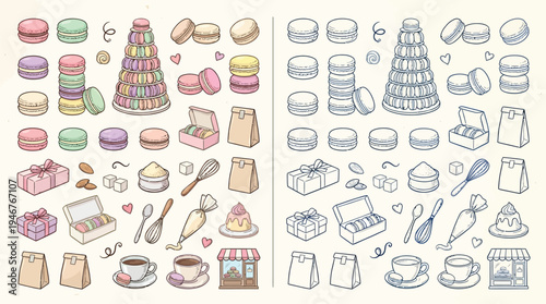 A colorful and detailed illustration of macarons, baking supplies, and a coffee shop, presented in both a colored and line-art version.
