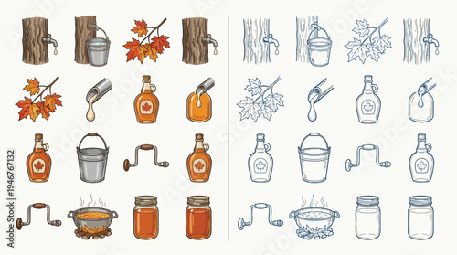 Collection of illustrations depicting the process of making maple syrup, from tapping trees to bottling the final product.