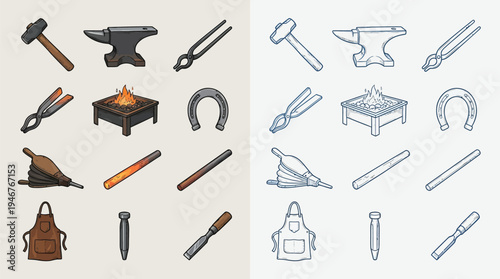 Collection of blacksmithing tools and equipment, including hammers, anvils, tongs, a forge, horseshoes, bellows, and chisels, presented in both color and outline versions.