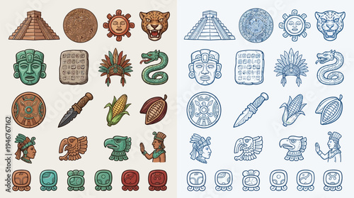 Collection of Mayan glyphs and symbols, featuring pyramids, masks, animals, and cultural artifacts, presented in both color and monochrome.