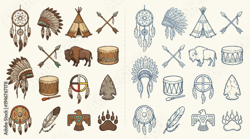 Collection of Native American cultural symbols and icons, including dreamcatchers, headdresses, tipis, and animal representations.