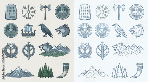 Collection of Norse and Viking symbols, runes, animals, and natural elements in a detailed illustration style.