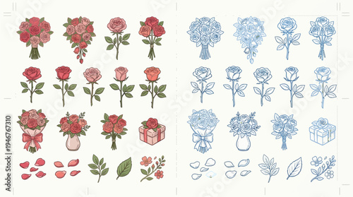 Collection of red and blue rose illustrations, including bouquets, single stems, and loose petals, presented in a clear, organized layout.