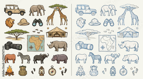 Collection of safari-themed illustrations featuring animals, vehicles, and camping gear, presented in both color and outline styles.