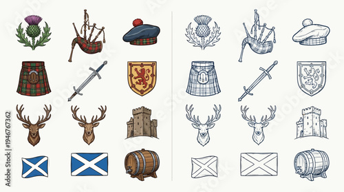 Collection of Scottish cultural symbols and icons, including a thistle, bagpipes, kilt, and Scottish flag, presented in both color and outline.