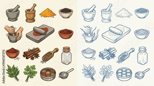 A detailed illustration showcasing various spices, herbs, and grinding tools used in culinary practices, presented in both colored and line-art styles.