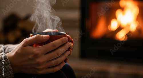 Close-up of hands holding a steaming mug in front of a warm fireplace with a cozy atmosphere.