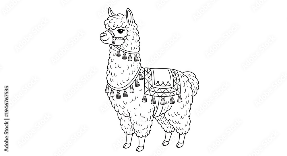 Obraz premium Line art of a llama with decorative saddle and halter, isolated on white
