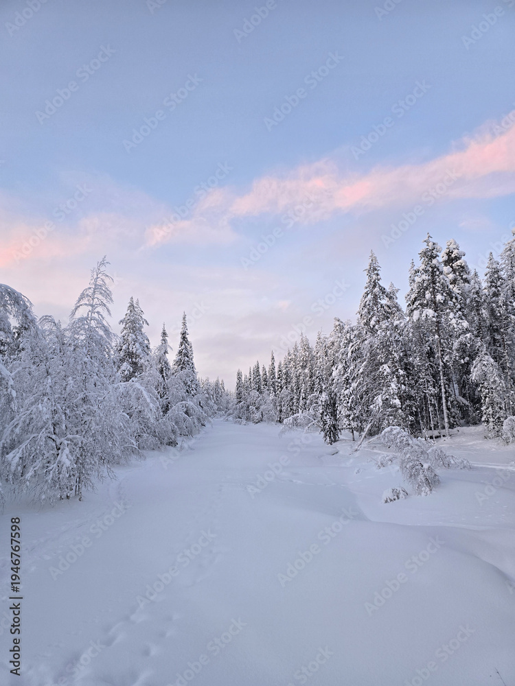 Obraz premium Winter wonderland landscape blanketed in snow in Akaslompolo, Lapland, Finland at twilight