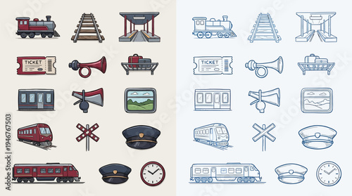 Collection of colorful and blue line art icons representing various elements of train travel, including locomotives, carriages, tracks, stations, tickets, and accessories.
