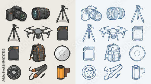 A collection of photography equipment and accessories, including cameras, lenses, tripods, drones, memory cards, bags, and film.