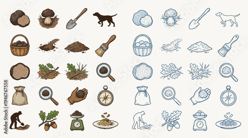 Collection of illustrations depicting the process of truffle hunting, including tools, dogs, and the fungi itself.