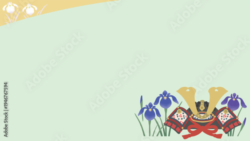 端午の節句の兜と菖蒲のフレーム背景 横長ベクター素材 こどもの日（16:9）