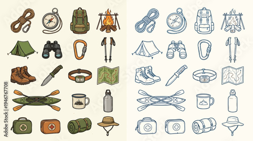 A collection of colorful and monochrome icons representing camping and outdoor adventure gear, including tents, backpacks, compasses, and hiking boots.
