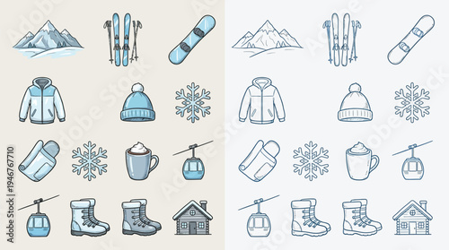 Collection of winter sport icons and elements, including mountains, skis, snowboards, clothing, and hot drinks, presented in both color and outline styles.