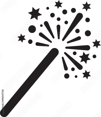 Black magic wand vector icon with sparkles and stars