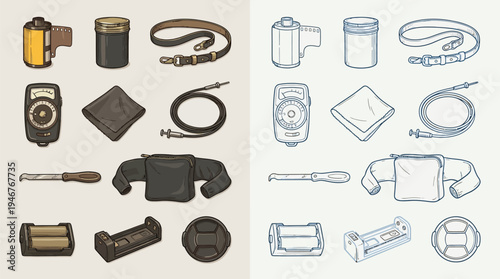 A collection of vintage camera accessories, presented in both color and line art styles, showcasing essential gear for photographers.