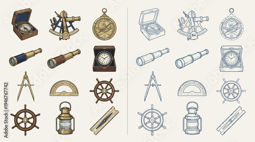 Collection of nautical instruments and tools, including sextants, compasses, telescopes, ship wheels, and lanterns, presented in both color and monochrome styles.