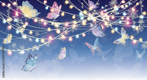 Colorful butterflies and string lights against a night sky with a magical ambiance and festive atmosphere
