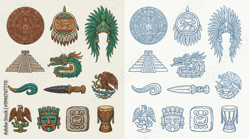 Collection of Aztec cultural symbols and artifacts, including pyramids, headdresses, masks, and weaponry, presented in both color and line art.