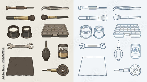 Collection of precision tools and accessories for watchmaking and fine detail work, presented in two distinct color palettes.