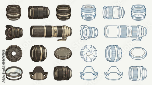 A collection of various camera lenses and accessories, including telephoto lenses, prime lenses, and lens caps, presented in a detailed illustration.