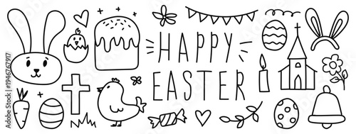 Easter holiday doodle outline icon set. Vector