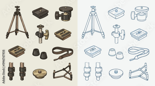 Collection of camera tripod accessories and components, including quick release plates, ball heads, and straps, presented in two distinct illustrative styles.