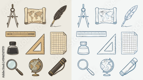 A collection of vintage cartography and drafting tools, including compasses, rulers, maps, globes, quills, and magnifying glasses.