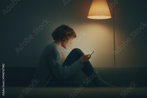 Woman with short hair sitting on a sofa, engrossed in her smartphone screen in a dimly lit room with a floor lamp providing soft light