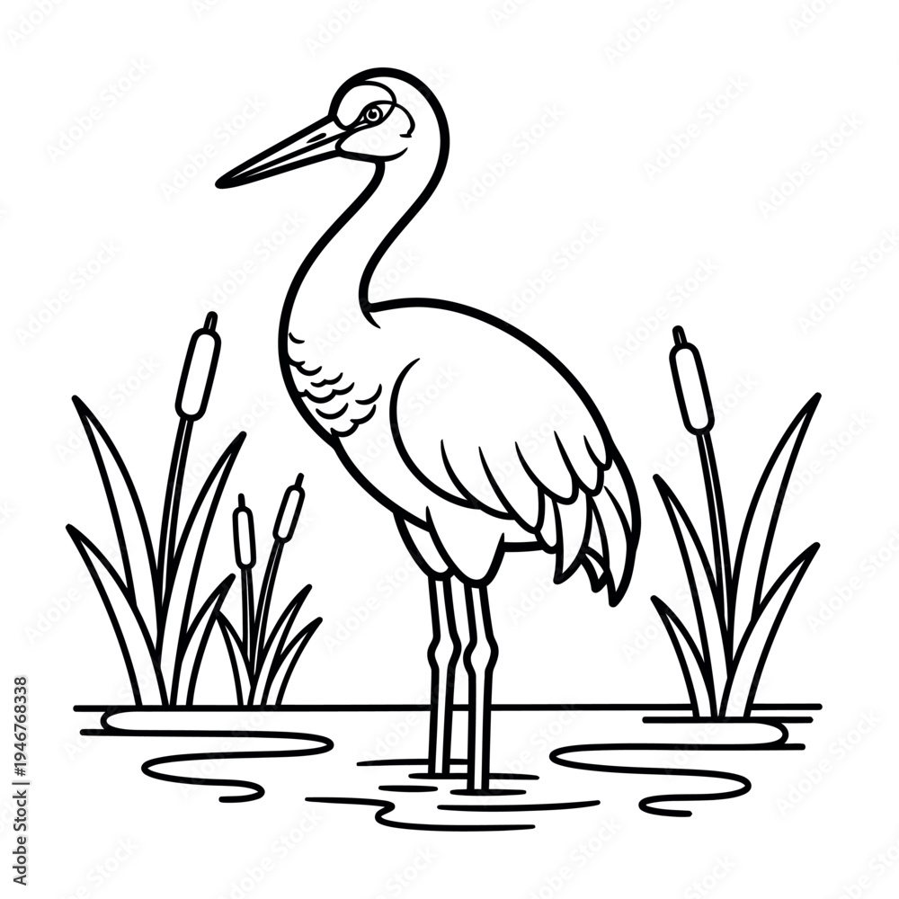 Fototapeta premium A black and white illustration of a heron standing in shallow water