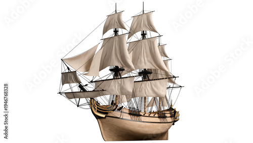 Фотография Isolated majestic detailed classic wooden sailing ship with full sails, a historic vessel